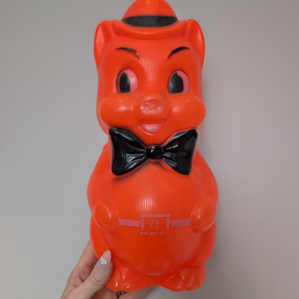 Vintage Blow Mold Orange Piggy Bank with Black Bow Tie